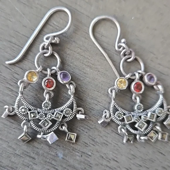 Elegant Sterling Silver Marcasite Chandelier Earrings with Mulitcolor Stones - Picture 2 of 5